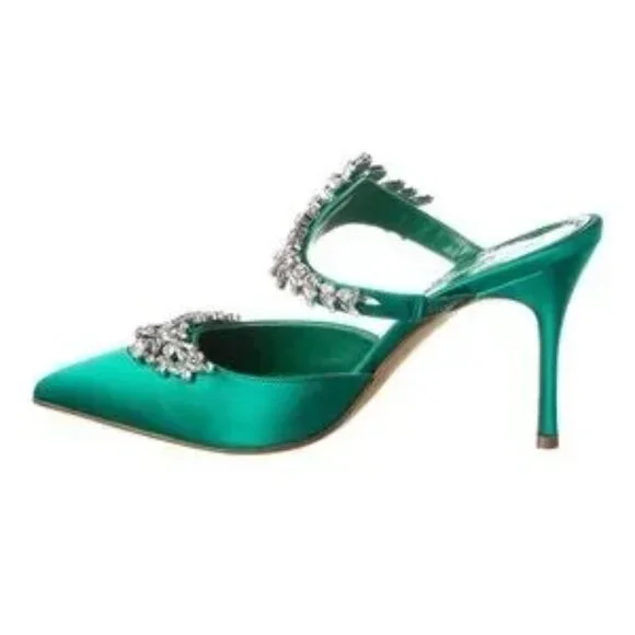 Manolo Blahnik Green Satin Embellished Heels/Mules - Picture 4 of 7